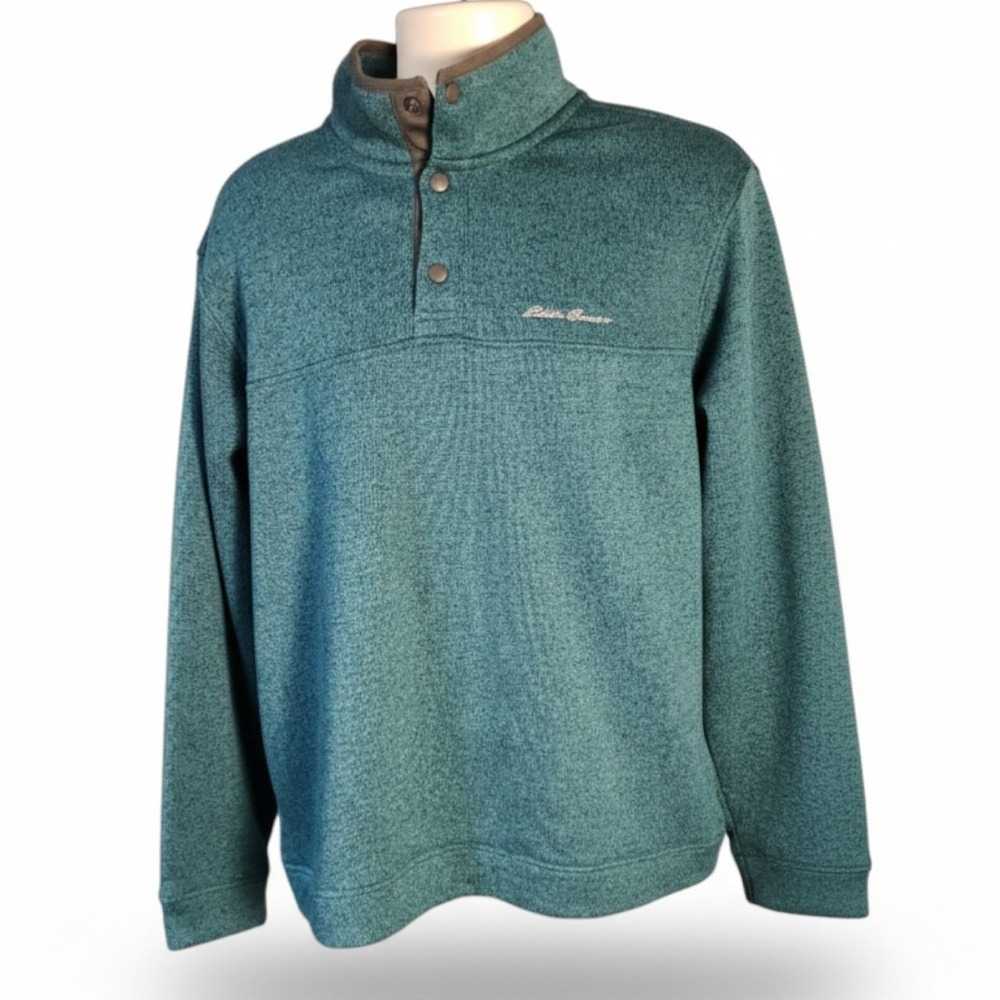 Eddie Bauer Men XL Green Fleece Pullover Sweater Snap Button Mock Neck